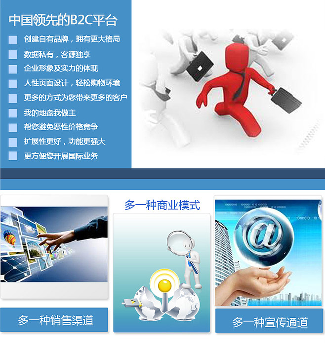约客网作为史上最强的电子商务平台,众多的功能自然是全球领先:多国语言,自助建站;优良的电子商务平台;多模板选择;顶级域名绑定。前台有、产品、专题、促销活动、购物车、用户中心等功能。后台有商品、库存会员、订单等。更可以同步到淘宝B店、淘宝C店!
